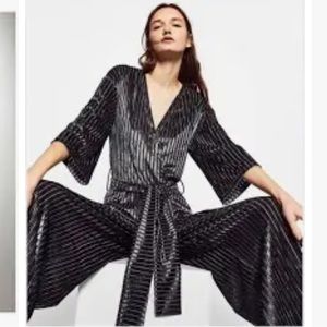 Zara Trafaluc steel blue velvet wide leg jumpsuit M